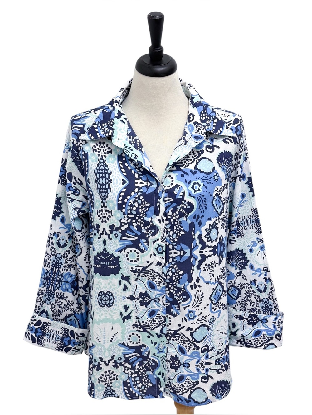 CK Bradley White Blue Button Up Collared Slit Cuff Long Sleeve Cotton Blouse XL